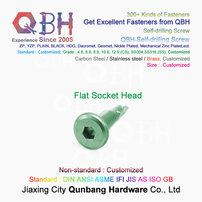 QBH สีสังกะสีชุบ Hex Socket Groove Big Flat Head Self-Drilling Screw 1