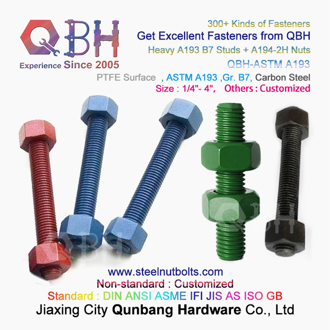QBH PTFE 1070 สีแดง/สีฟ้า/สีดำ/สีเขียวเคลือบ 1/4 "-4" ASTM A193 B7 เกลียวแกนเกลียวพร้อม A194-2H Heavy Hex Nut 3
