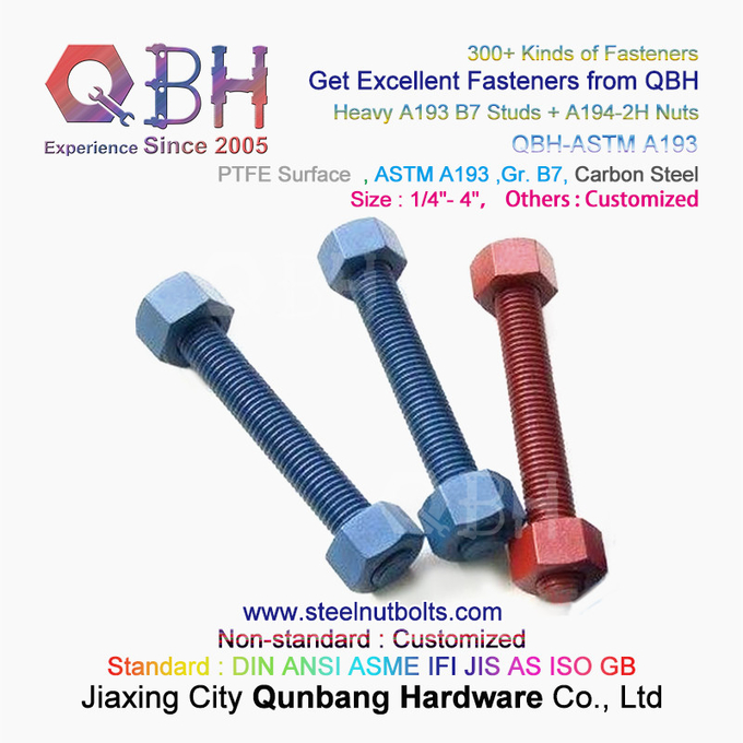 QBH PTFE 1070 สีแดง/สีฟ้า/สีดำ/สีเขียวเคลือบ 1/4 "-4" ASTM A193 B7 เกลียวแกนเกลียวพร้อม A194-2H Heavy Hex Nut 2