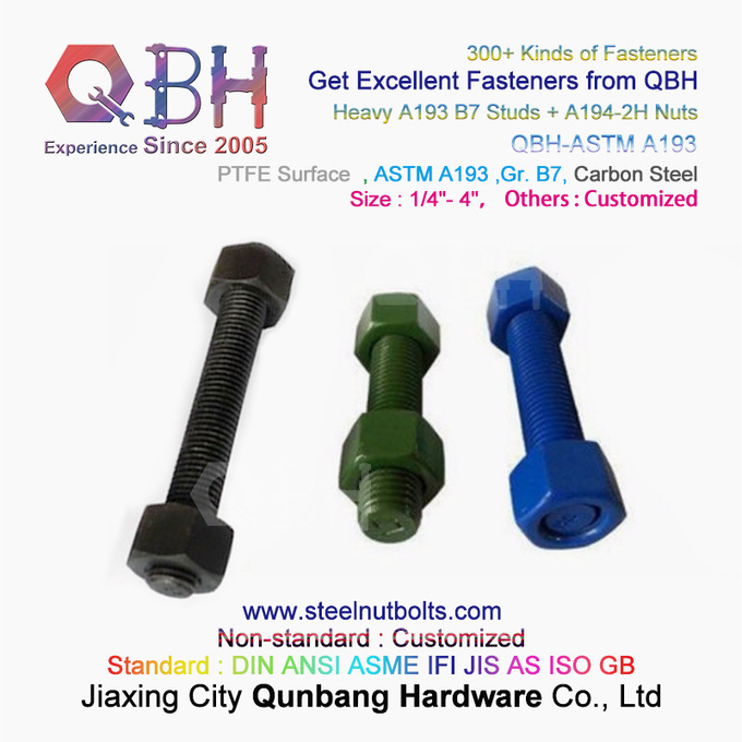 QBH PTFE 1070 สีแดง/สีฟ้า/สีดำ/สีเขียวเคลือบ 1/4 "-4" ASTM A193 B7 เกลียวแกนเกลียวพร้อม A194-2H Heavy Hex Nut 0